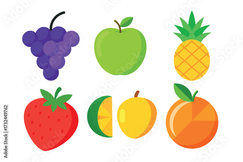 Colorful assortment of fresh fruits including grapes apple pineapple strawberry lemon orange