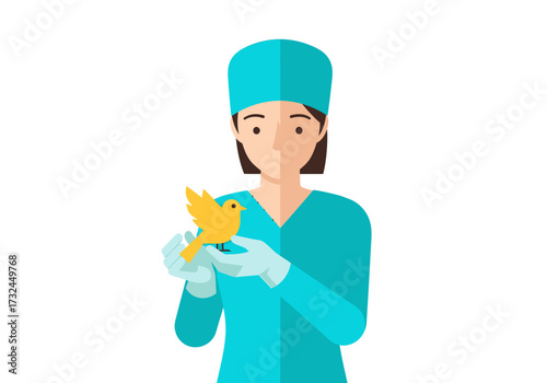 Caring doctor holding a cute yellow bird with compassion and kindness a medical professional for your health campaign