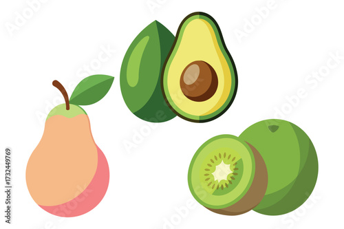 Fresh fruits collection a pear avocado and kiwi arrangement isolated on white