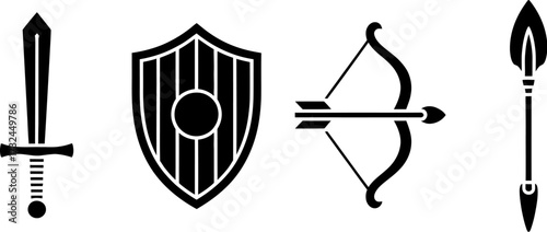 Collection of medieval weaponry including a sword, shield, bow, and arrow.