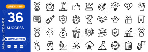 Success line icon set. Achievement and reward related line icons: trophy, medal, winner, goal, growth, leadership, and more. Editable stroke. Vector illustration.