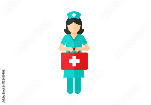 Healthcare worker holding first aid kit bag wearing medical uniform promoting health and patient care in a hospital or clinic emergency