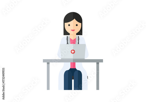 Female doctor with laptop working at her desk offering medical assistance for telemedicine or remote patient care during online consultation in a clinic or healthcare facility