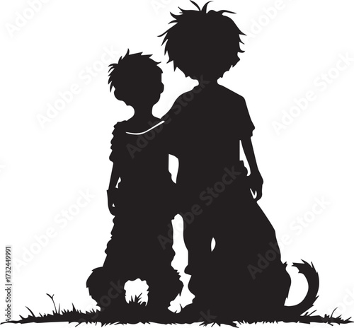 Silhouette of two children and a dog on grass — black and white illustration symbolizing friendship, innocence, and companionship