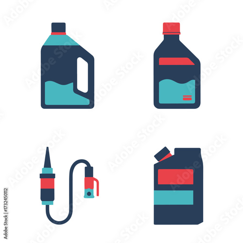 A set of four flat design icons depicting various automotive fluid containers and a siphon pump.