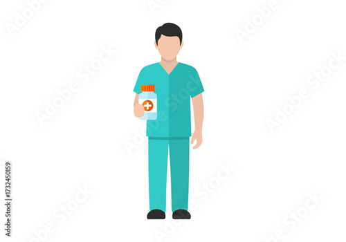 Healthcare professional doctor in scrubs holding medication bottle offers help for patients well being and recovery