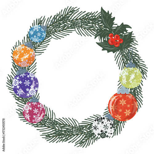 Wreath with baubles and holly berry, Christmas circle frame, round border