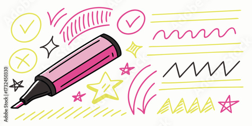 Hand-drawn highlighter pen and various doodles like stars, checkmarks, and scribbles in a playful style