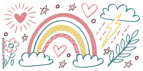 Colorful rainbow illustration with hearts, stars, clouds, and floral elements design