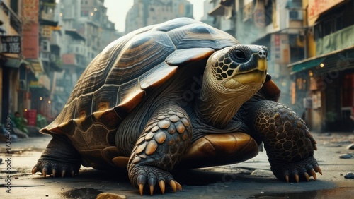 Urban Anomaly: A Majestic Giant Tortoise Pauses on a Hazy, Gritty City Street