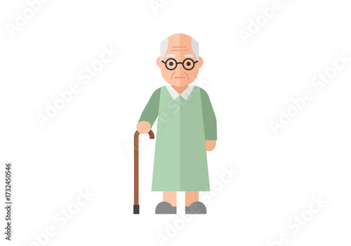 Elderly man senior adult wearing glasses holding cane in flat vector illustration style representing aging population and elder care