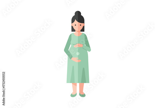 Pregnant woman anticipating motherhood caring loving her belly in a simple fashion graphic