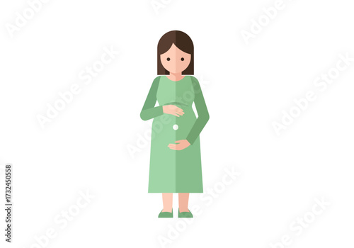 Pregnancy illustration concept with pregnant woman in green dress holding baby belly healthy lifestyle graphic
