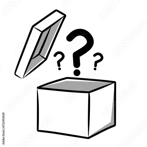 Open mystery box with three question marks in sketch drawing style illustration symbolizing surprise gift secret reward and unknown object concept for abstract business design