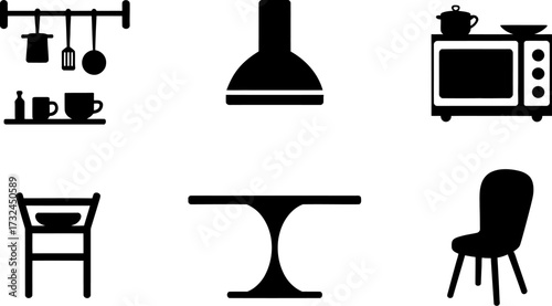 A collection of kitchen icons including a range hood, microwave, and furniture.
