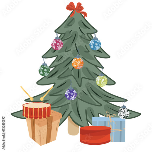 Christmas Tree and Gifts Illustration, Holiday Tree, Presents at Tree