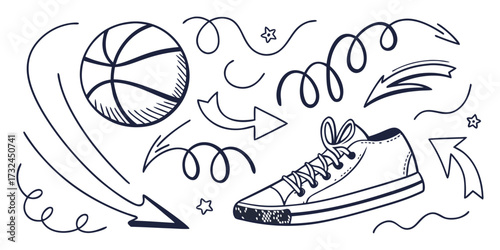 Sports Doodle Collection with Basketball and Sneaker Design