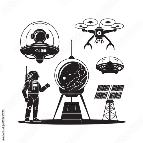 Vector art of collection of space exploration icons including astronaut, drone, solar panels, and ufos