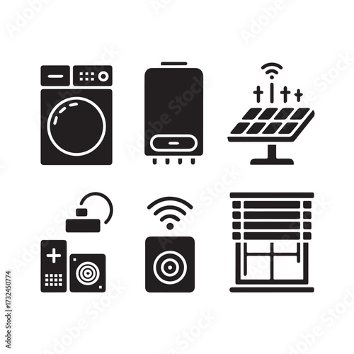 Vector art of collection of smart home icons including a washing machine, water heater, solar panel, remote controls, smart speaker, and window blinds