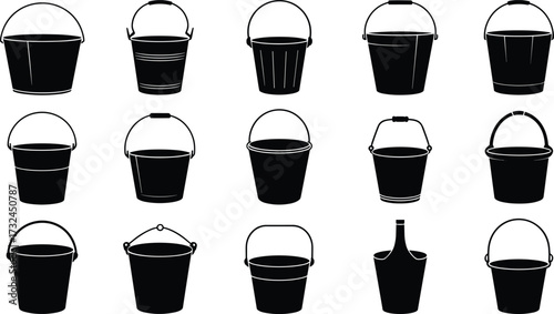 Silhouette bucket collection, black vector icons, various handle styles, tapered, rounded, industrial, vintage, utility, household, farming, container design