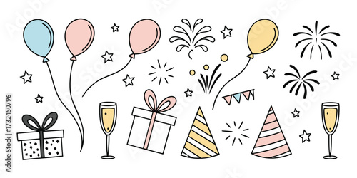 Happy Celebration Elements Gift, Balloons, Party Hats, and Fireworks Doodles