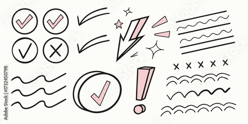 Hand-drawn doodle set of checkmarks, arrows, and emphasis elements