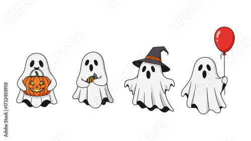 Whimsical Specters: A charming illustration of four friendly ghosts ready for a Halloween celebration, each with its own unique touch, radiating playful and lighthearted charm.