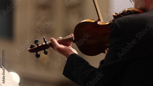 Unrecognizable violin player performing in orchestra ensemble 
