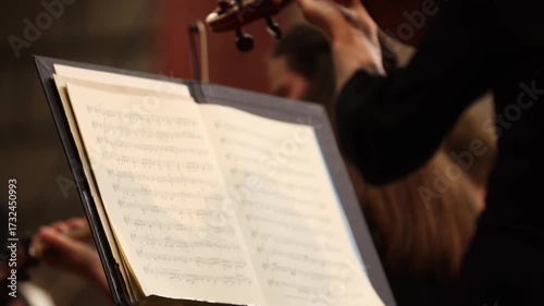 Unrecognizable violin player performing in orchestra ensemble 
