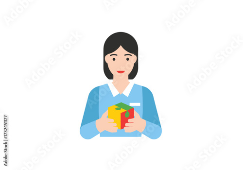 Brainy woman enjoying a cube toy for cognitive skill development and fun learning challenges representing problem solving