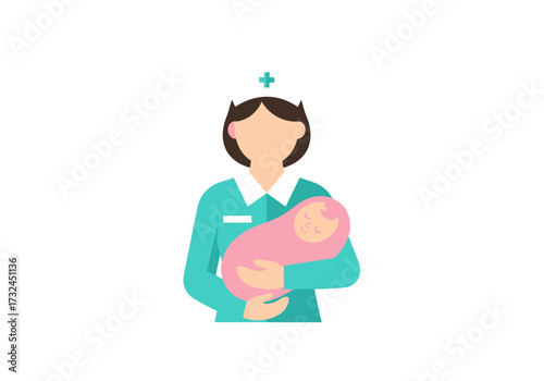 Newborn baby infant held safely by a friendly healthcare professional in turquoise scrubs happy caring nurse