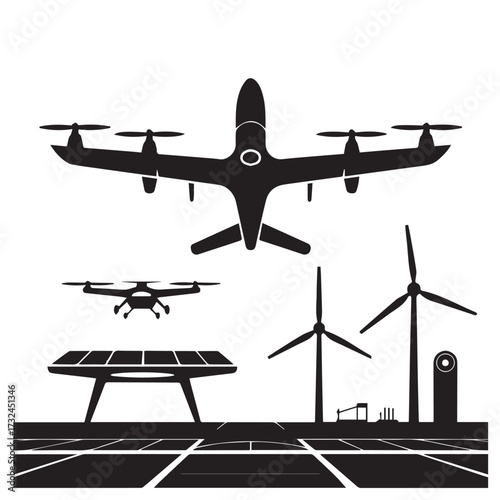 Vector art of drones and wind turbines with solar panels, representing renewable energy and advanced technology