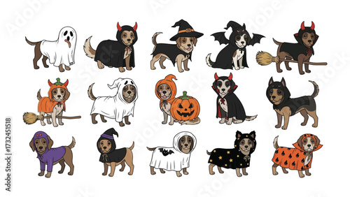 Halloween Canine Costume Spectacle: A captivating group of small dogs each donned in a bespoke and varied costume, set to enthrall as a celebratory depiction of All Hallow's Eve.