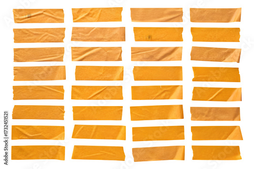 Collection of torn orange masking tape strips arranged in a grid isolated on transparent background
