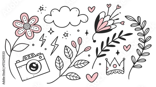 Playful Hand-Drawn Doodle Vector Set with Floral and Camera Elements