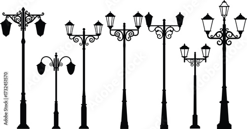 Vintage street lamp silhouettes, ornate lantern pole designs, classic urban lighting icons, black vector set, historical architecture, decorative infrastructure elements