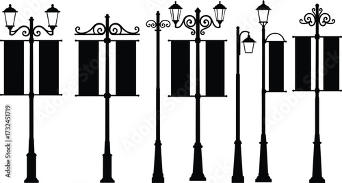 Vintage street lamp silhouettes, ornate lantern posts, decorative signage design, retro urban lighting, classic city architecture, historical style street furniture illustration