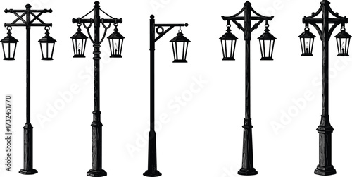 Vintage street lamps illustration set, ornate lantern poles, decorative urban lighting design, retro outdoor lamp post collection, classic streetlight vector art