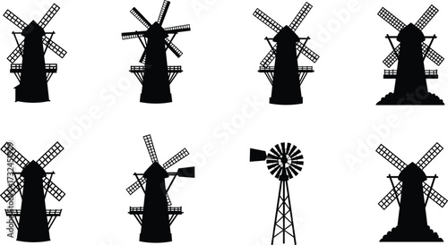 Windmill silhouette collection, vintage windmill icons, traditional and modern wind turbines, black vector set, rural energy, farm landscape