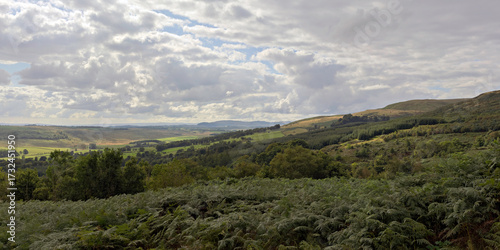 Cloudy day view south-west from the viewpoint in the Campsie Fells at NS 612 801 on the Crow Road, the B822, above Lennoxtown, East Dunbartonshire, Central Scotland,