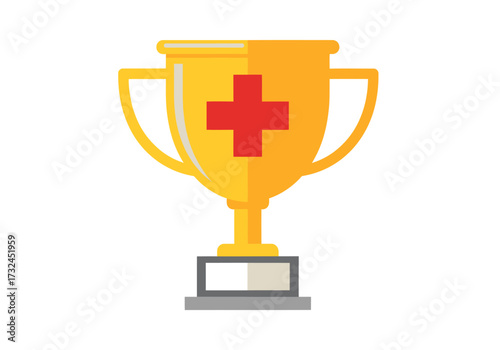 Golden champion award trophy with plus symbol for healthcare success excellence leadership victory