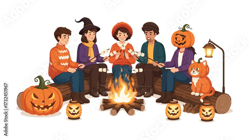 Spooky campfire gathering: A cheerful group of friends gathered around a crackling campfire. A vibrant illustration evoking a sense of seasonal joy and companionship.