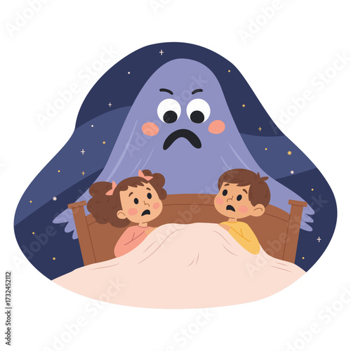 Children in pajamas. Children are afraid of the dark and ghosts. Children's illustration. 