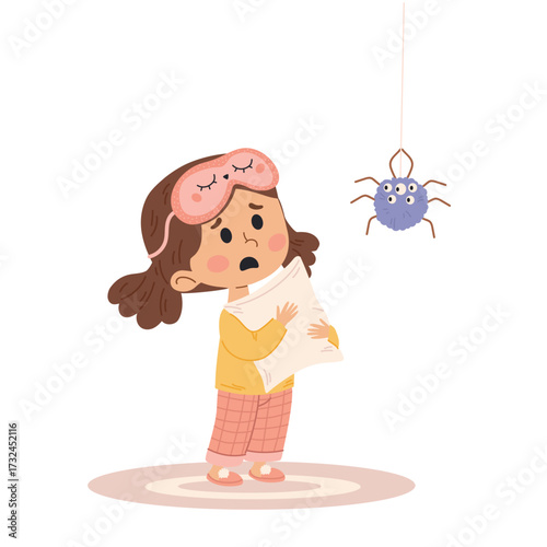 Cute little girl in pajamas is afraid of spiders. Vector illustration.
