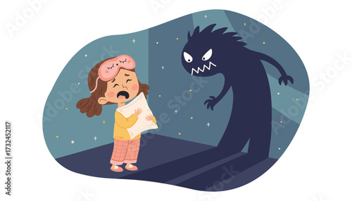 A girl is afraid of a monster in the dark. A child in pajamas. Children are afraid of the dark. Children's illustration. 