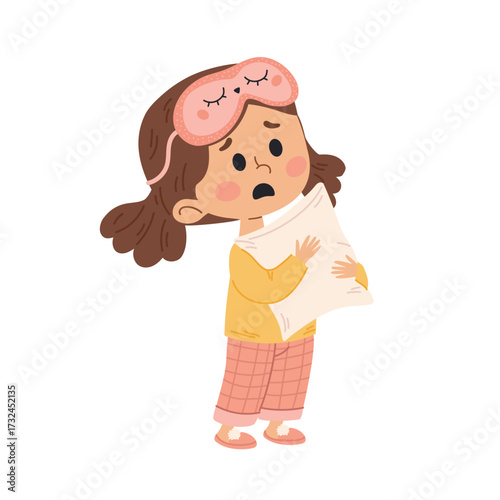 Cute little girl in pajamas with sleep mask. A girl is afraid, nightmares. Vector illustration in flat style. Isolated on a white background.