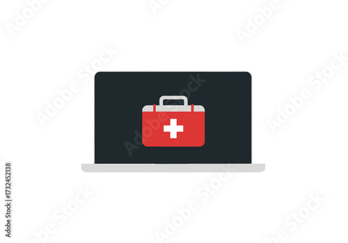 Online healthcare concept showing first aid kit on computer symbolizing digital medicine telemedicine health assistance service platform
