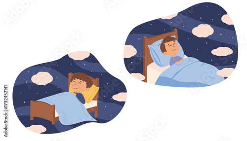 Cute boy sleeping in bed at night. Dreams and aspirations. Vector illustration in flat style.