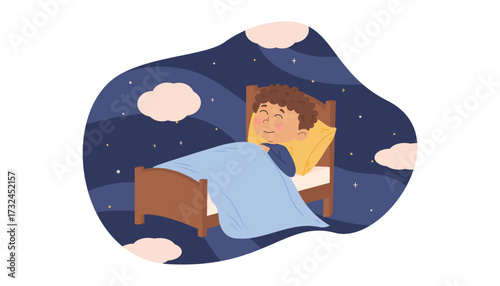 Cute boy sleeping in bed at night. Dreams and aspirations. Vector illustration in flat style.