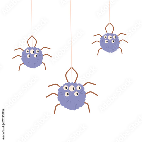Cute cartoon spiders hanging on spider webs. Vector illustration in flat style.
